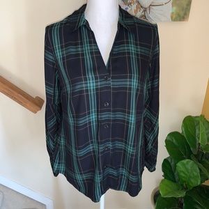 CAbi 3769 green navy plaid button down blouse S